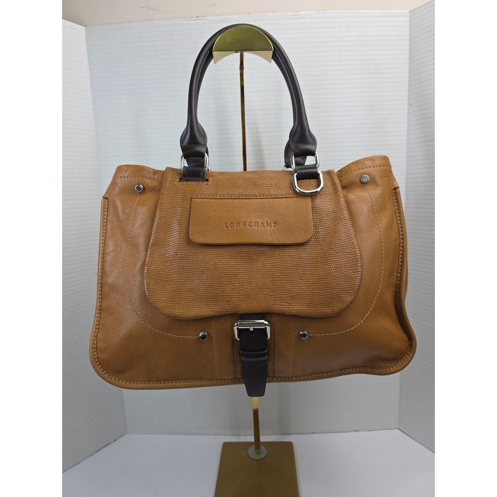 Longchamp Paris Tan Leather Lizard Embossed‎ Satchel Handbag Made in France